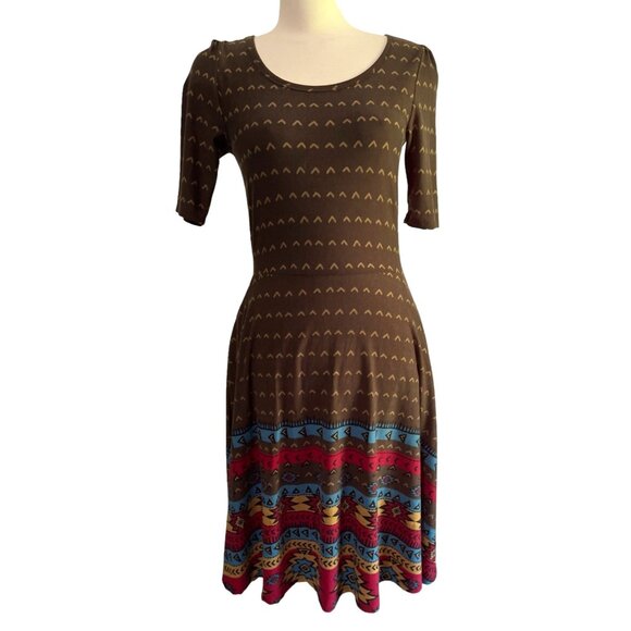 LuLaRoe Nicole Brown Aztec Print Fit and Flare Dress Sz Medium Womens Brown Boho - Picture 1 of 8